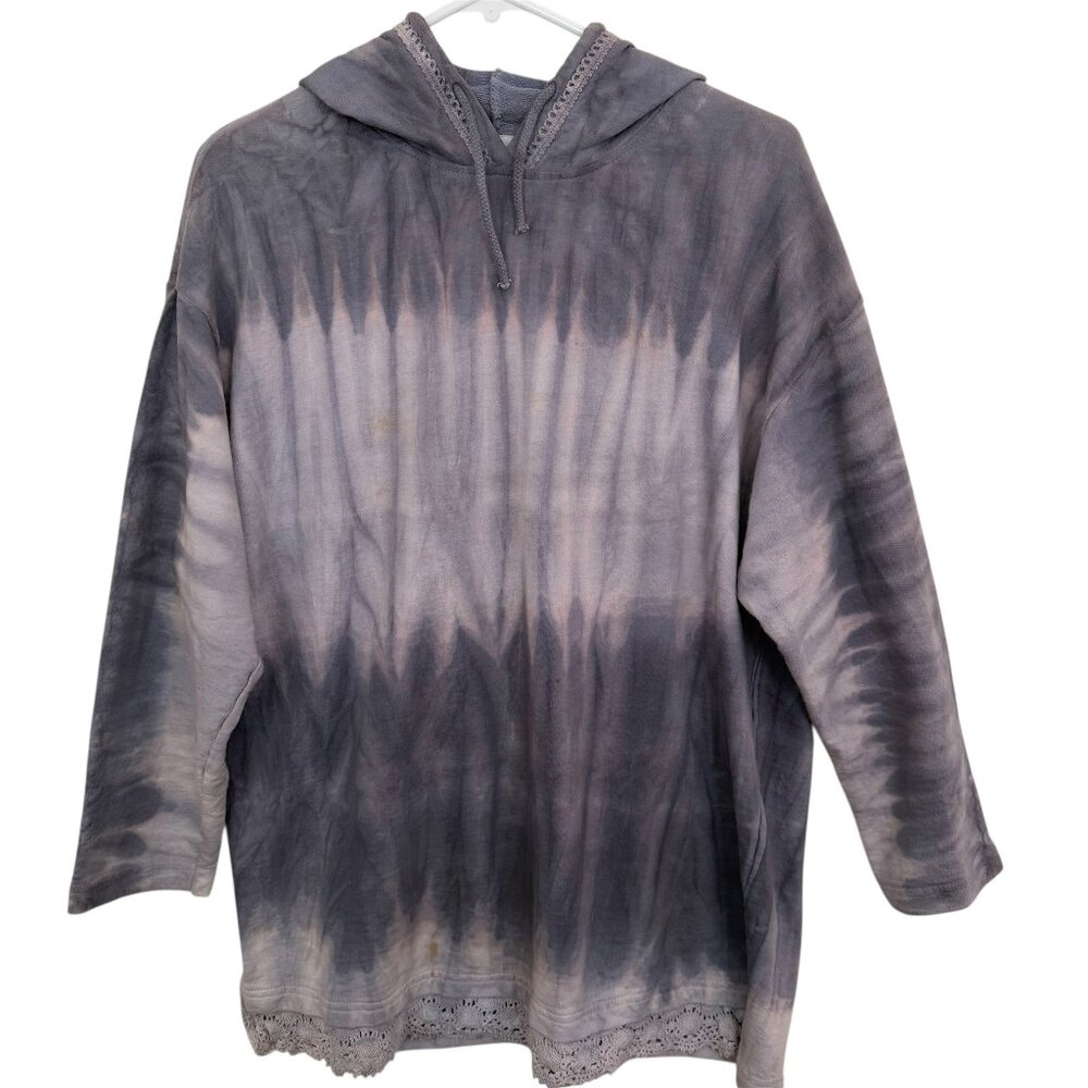 Womens Y2K Boho Tie Dye Hoodie‎ Tunic S Crochet Lace Hem Oversized Hippie Grunge